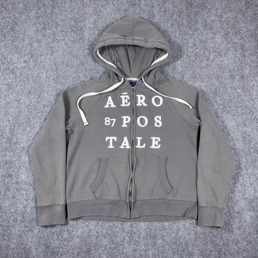 Aeropostale Zip Up Hoodie Womens Large Gray 87 Logo Applique Long Sleeve